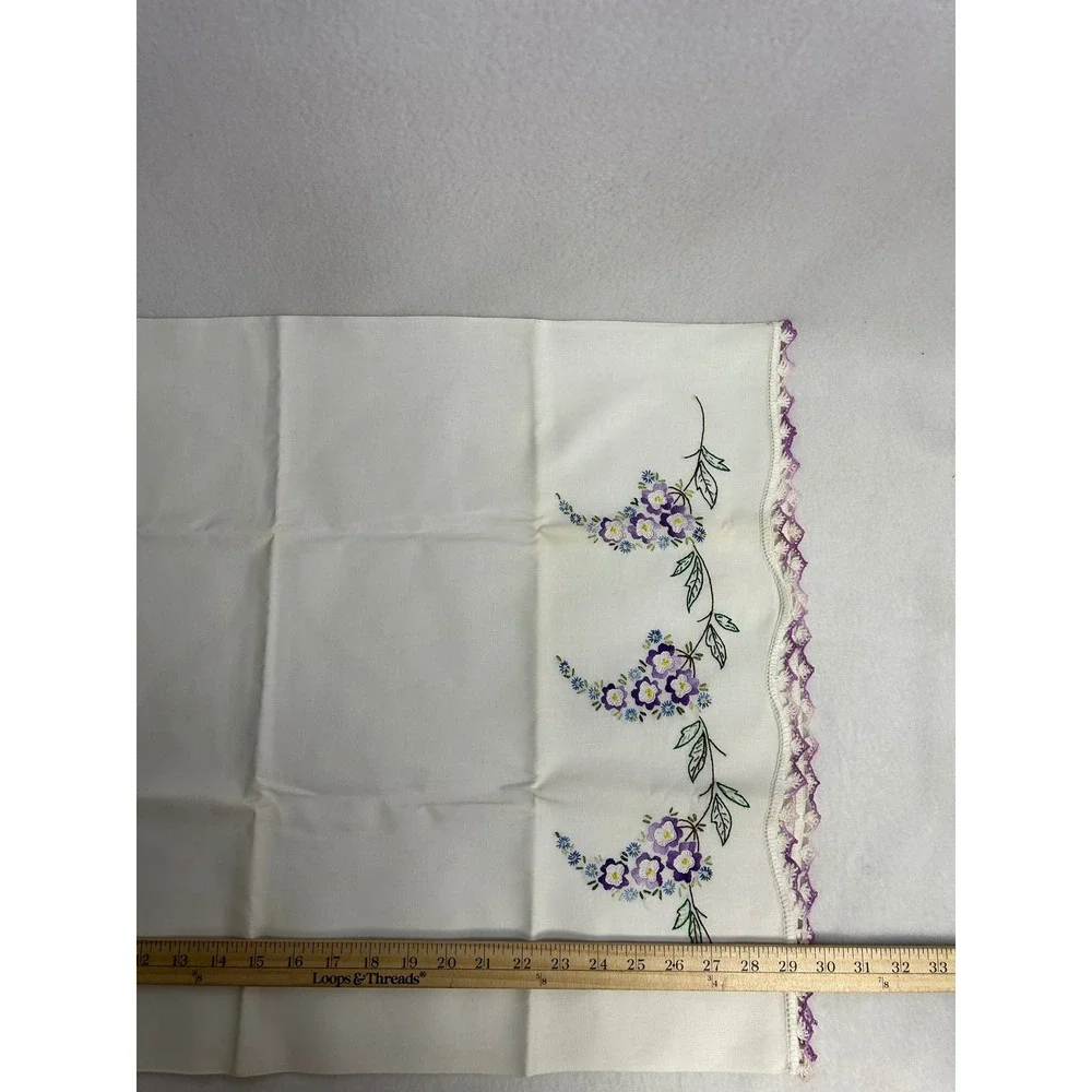 Vintage Cottagecore Hand Embroidered Pillowcase Standard White Purple Floral